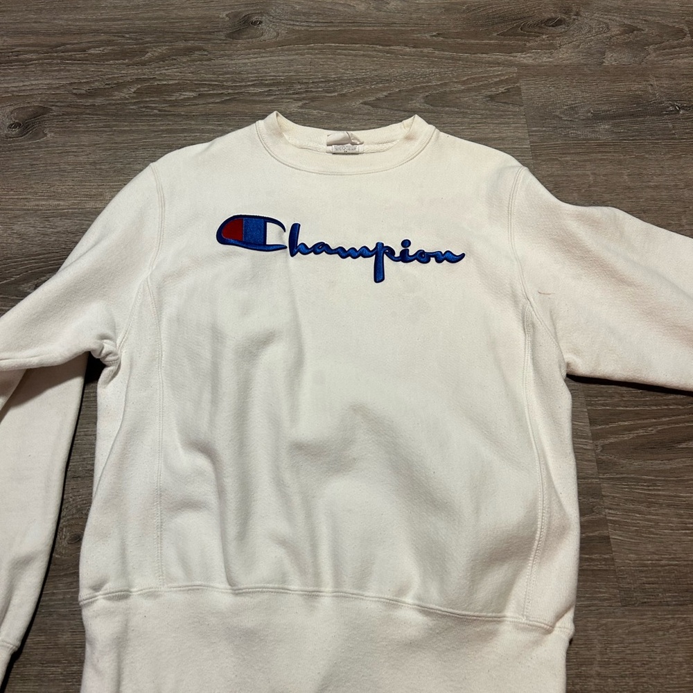 Champion White Crewneck with Blue and Red Logo